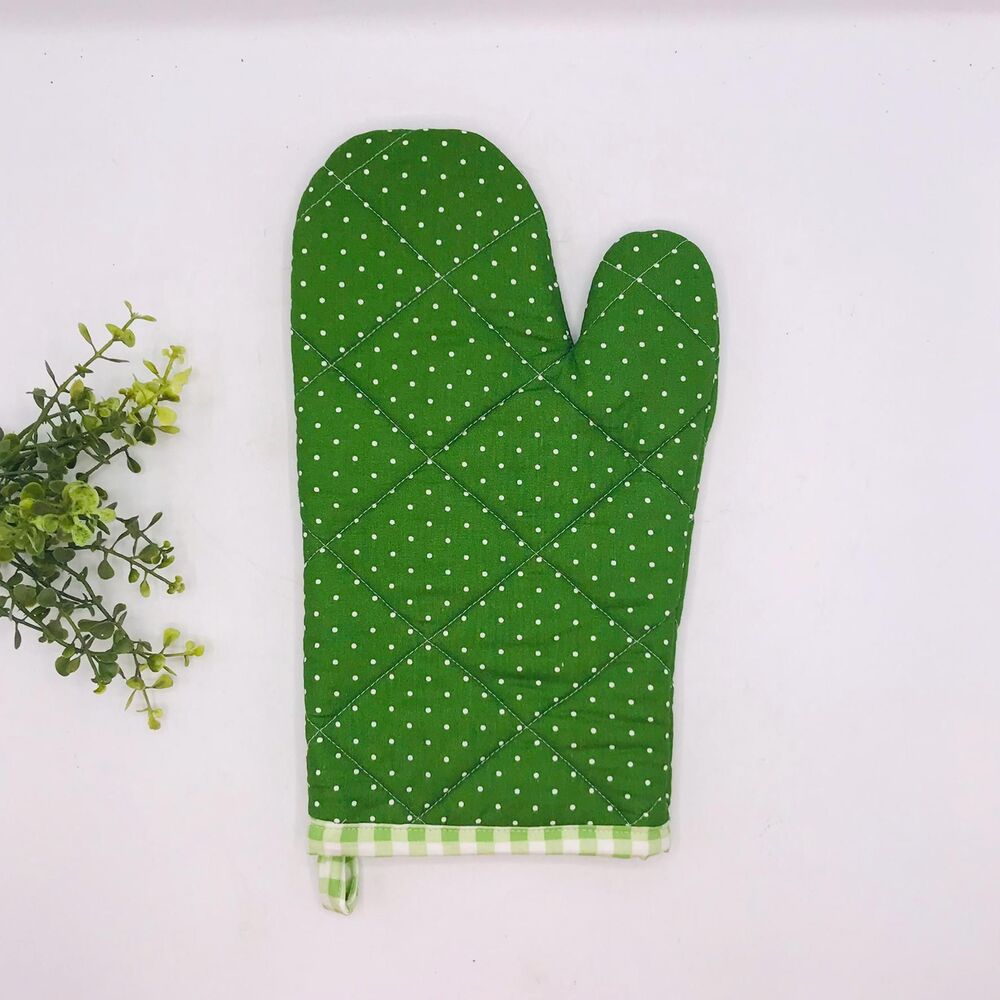 Oven Mitt: Green Polka Dots With Gingham Trim Baking Mitt Gift Cottage